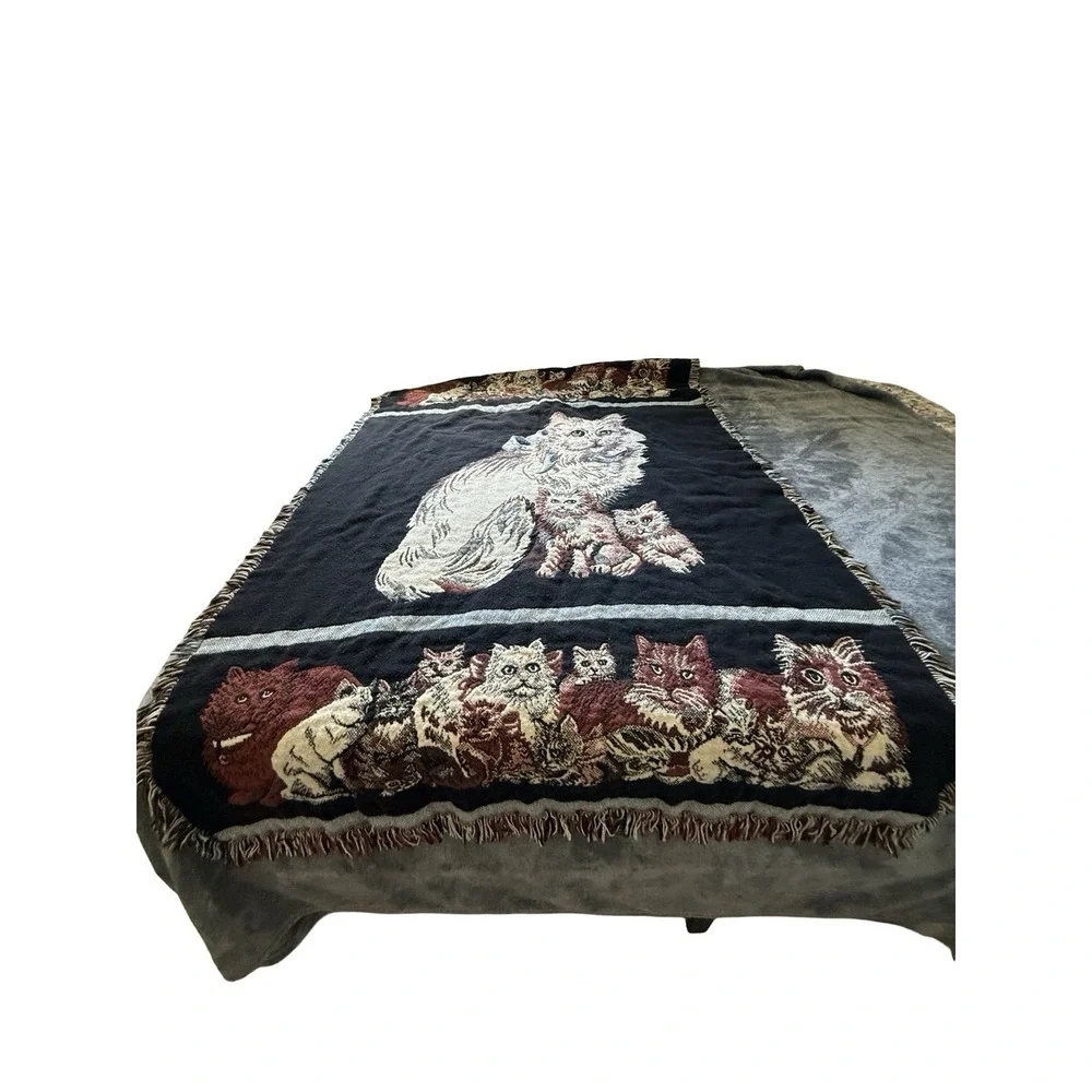 Vintage 90s Tapestry Throw Blanket Playful Cats Persian Cat w/ Fringe 1992